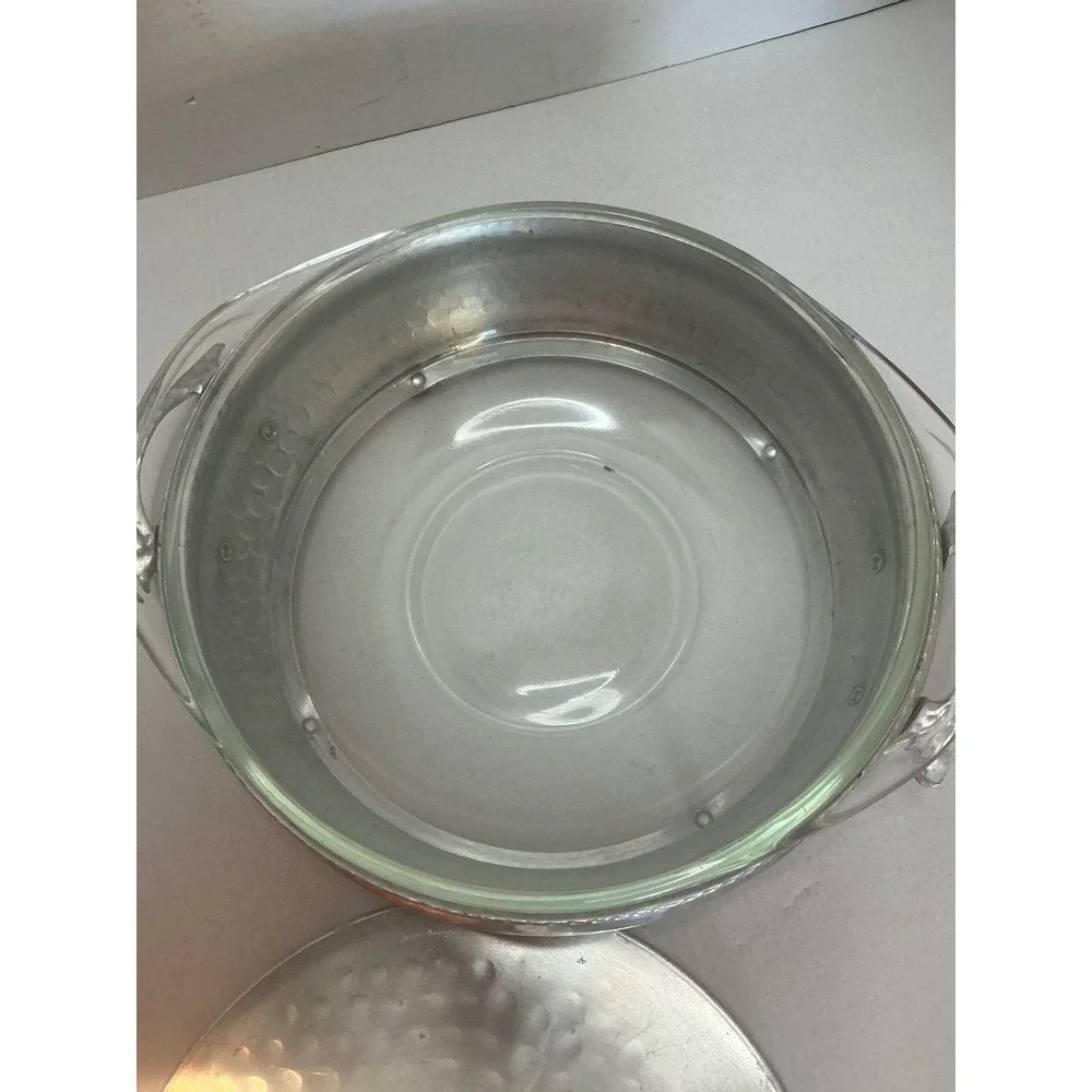 Vintage Hammered Aluminum Casserole Dish with Glass Insert Silver 9in